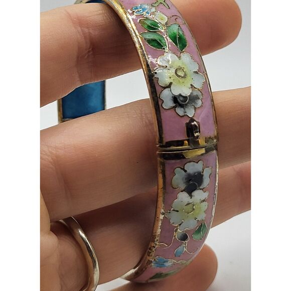 Vintage Pink Blue Flower Cloisonne Hinged  Bangle Bracelet 7.5in - Picture 6 of 6